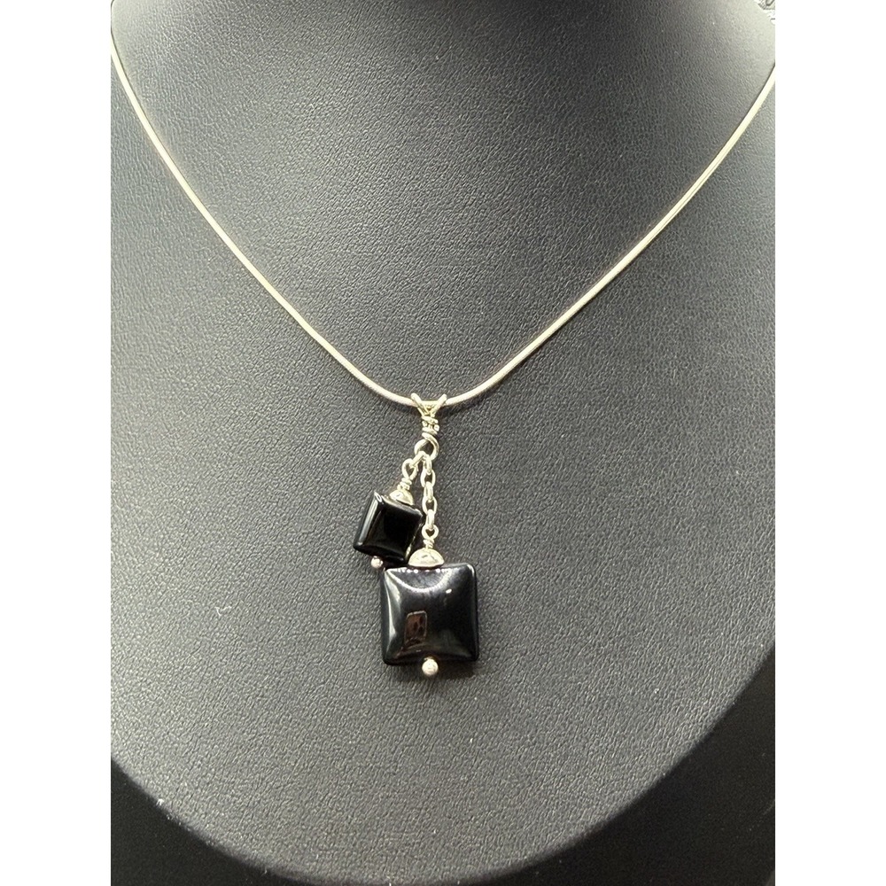 Vintage 18" Sterling Silver Onyx Dangle Pendant Necklace 5.5 Grams J30